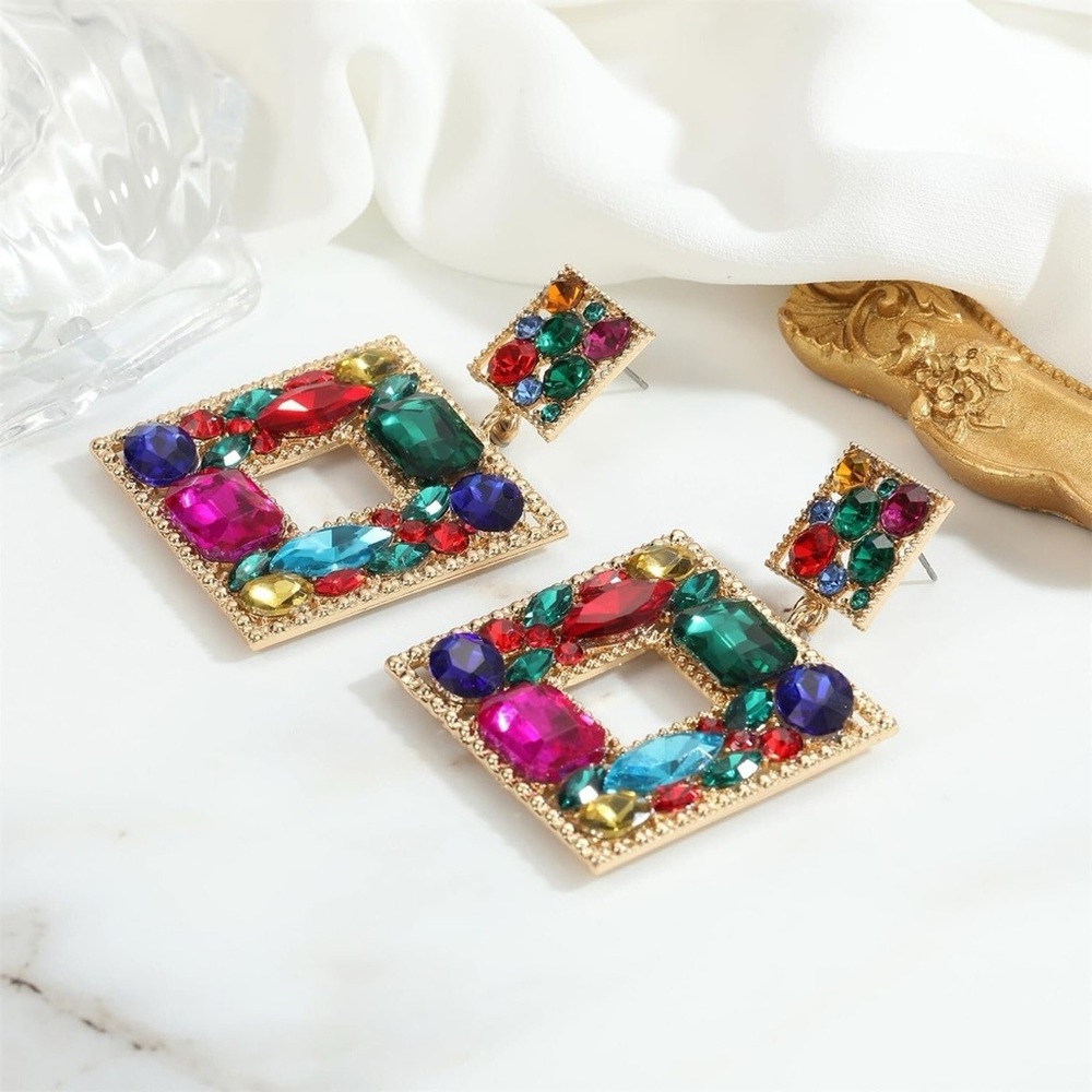 Oversized Multi Color Rhinestone Square Dangle Colorful Earrings - Picture 3 of 4